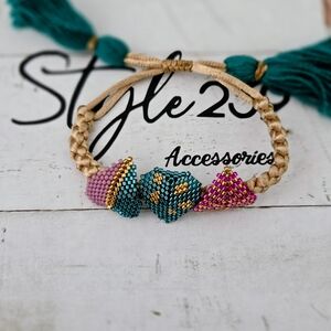 Beige Braided Adjustable Bracelet with Teal and Pink Miyuki Hearts Accents